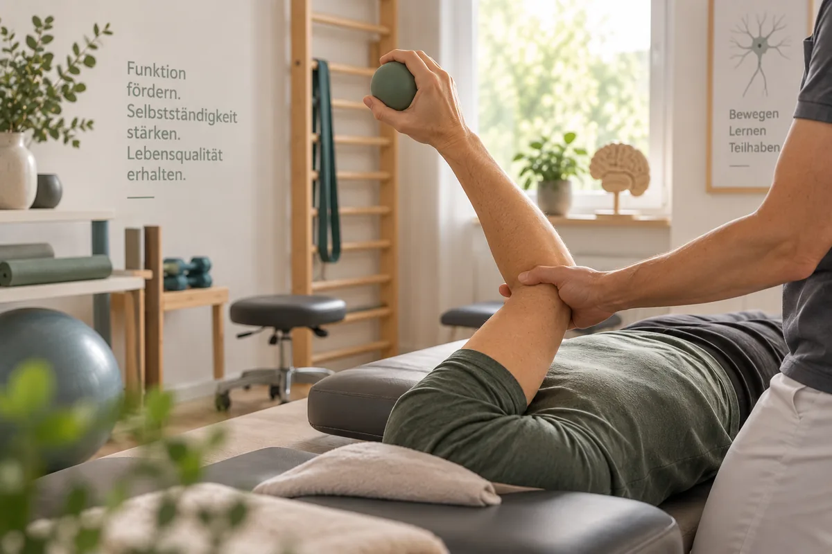 Therapeutin stützt den Arm einer Patientin beim Training mit einem Ball