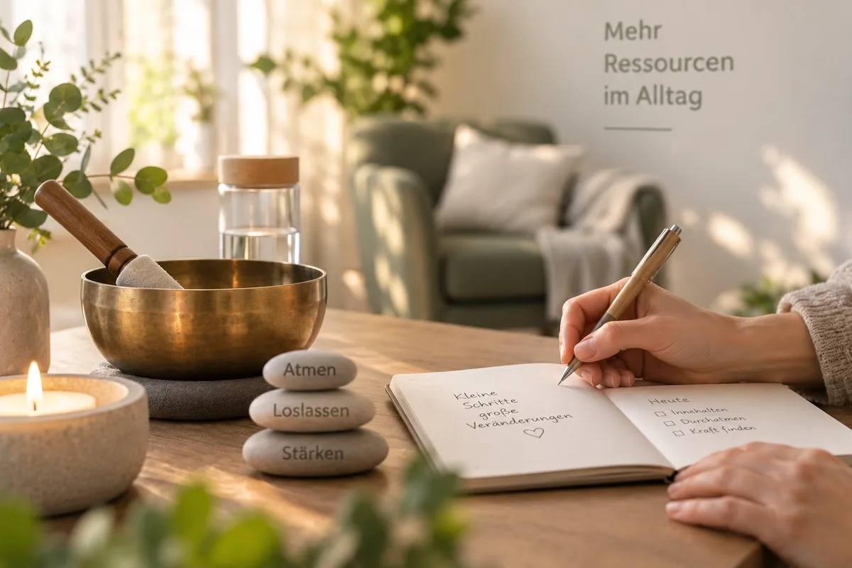 Klangschale, Kerze und ein Notizbuch mit den Worten kleine Schritte, große Veränderungen
